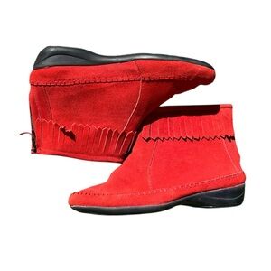 Womens Red Suede Leather Fringe Moccasin Ankle Boots Size 7 Comfort Ease